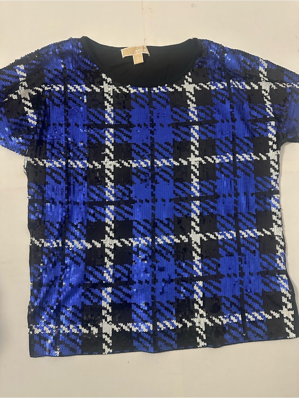 MICHAEL Michael Kors Blue and Black Sequin Plaid Short Sleeve Top